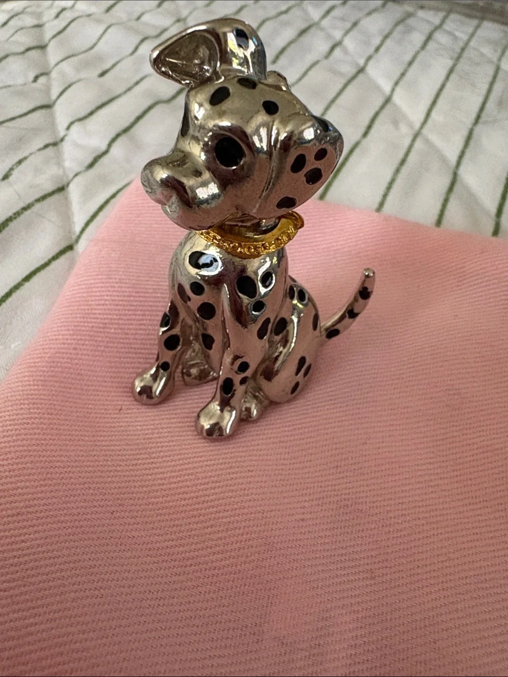 Silver Dalmatian Dog Brooch pin with Gold Collar